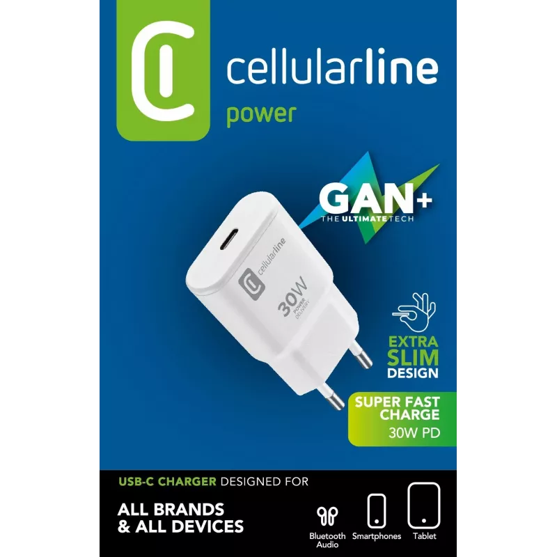Cellularline GAN sieninis įkroviklis USB-C 30W PD su GaN technologija
