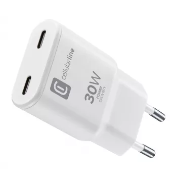 Cellularline GAN sieninis įkroviklis 2xUSB-C 30W PD su GaN technologija