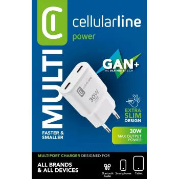 Cellularline GAN sieninis įkroviklis 2xUSB-C 30W PD su GaN technologija