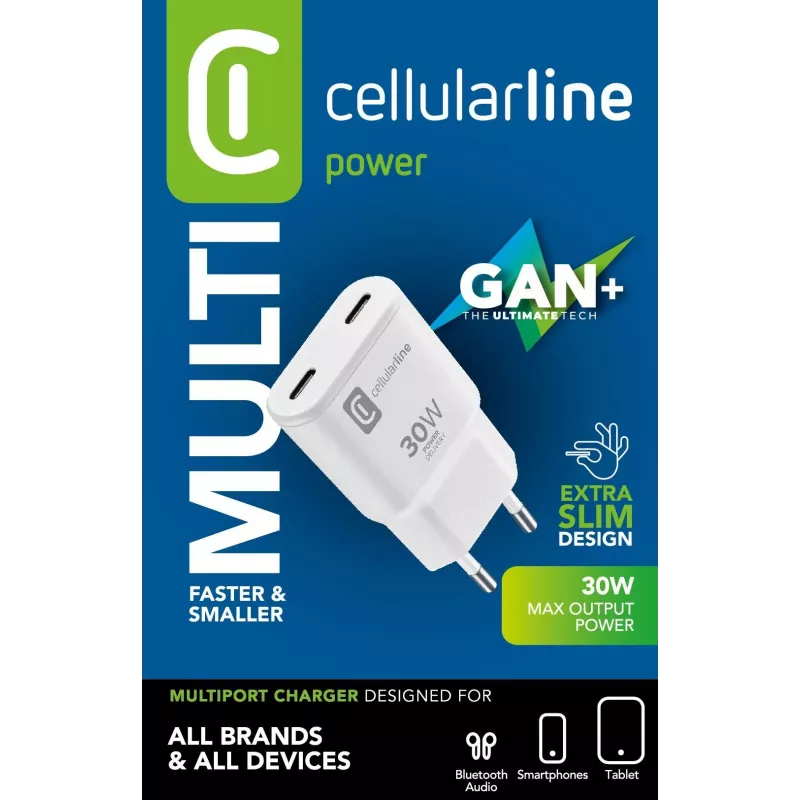 Cellularline GAN sieninis įkroviklis 2xUSB-C 30W PD su GaN technologija