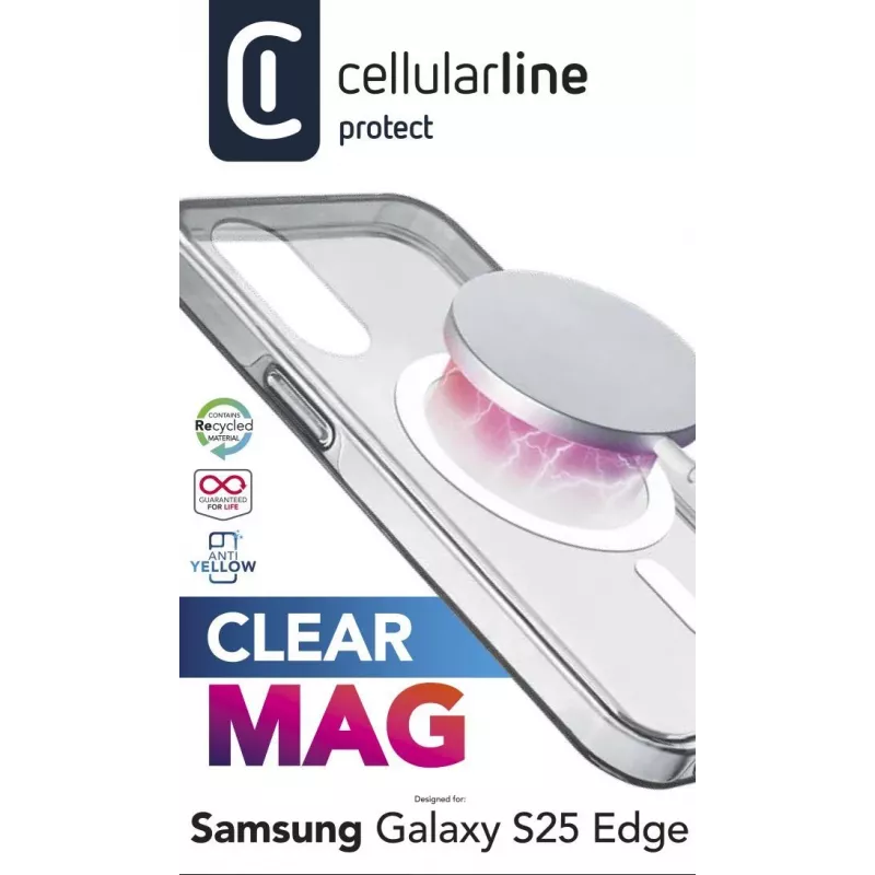 Cellularline Clear Mag - Skaidrus dėklas, itin atsparus, su guminiu kraštu, Samsung Galaxy S25 Edge, suderinamas su Qi2 ir magnetiniais priedais, apsaugotas nuo pageltimo