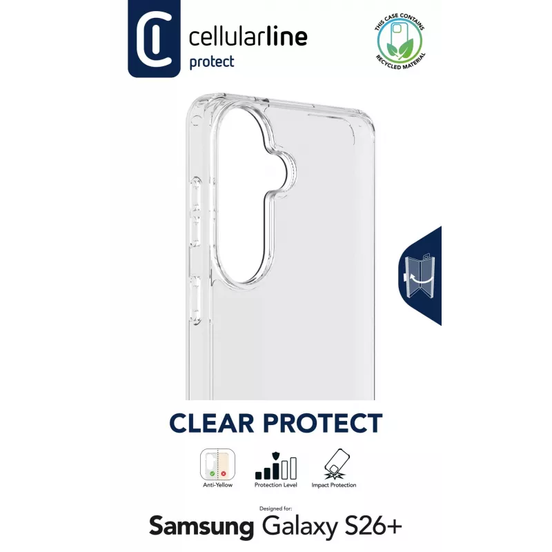Cellularline Clear Protect - Kietas dėklas su guminiais kraštais Samsung Galaxy S26+