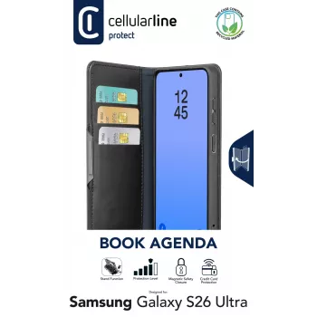 Cellularline Book Agenda dėklas Samsung Galaxy S26 Ultra, knygos stiliaus, su dirbtinės odos apdaila, magnetiniu užsegimu, RFID apsauga ir stovo funkcija