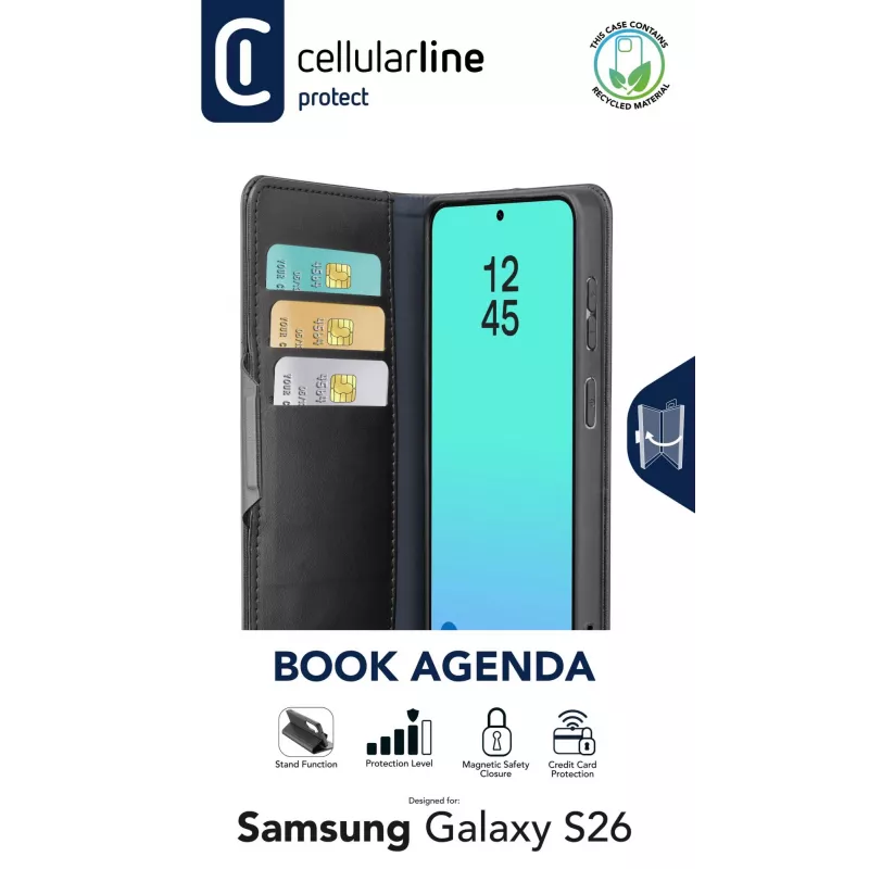 Cellularline Book Agenda dėklas Galaxy S26, knygos stiliaus, dirbtinės odos apdaila, magnetinis užsegimas, RFID apsauga, stovo funkcija
