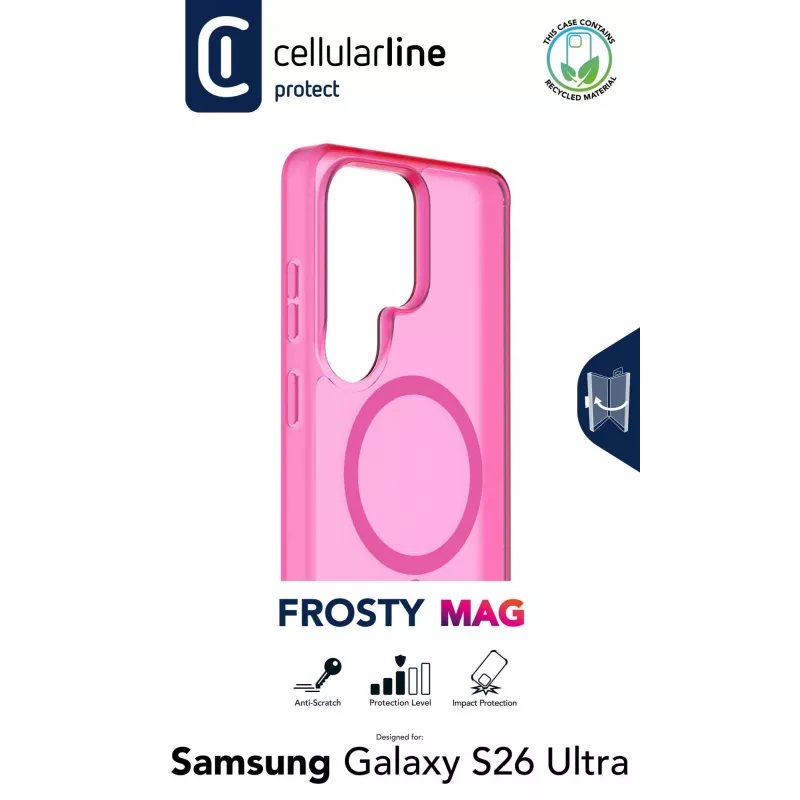 Cellularline FROSTY MAG dėklas Samsung Galaxy S26 Ultra – permatomas, matinis, su spalvotais kraštais, suderinamas su Qi2 ir magnetiniais aksesuarais