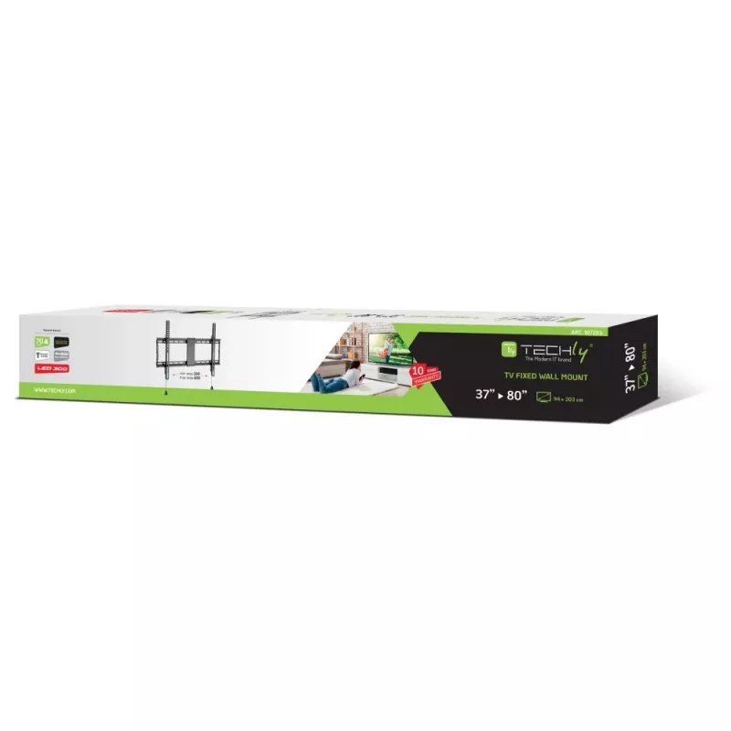 Techly fiksuotas sieninis laikiklis televizoriui 37-80 colių, 70 kg, VESA 200x200-600x400 mm, juodas