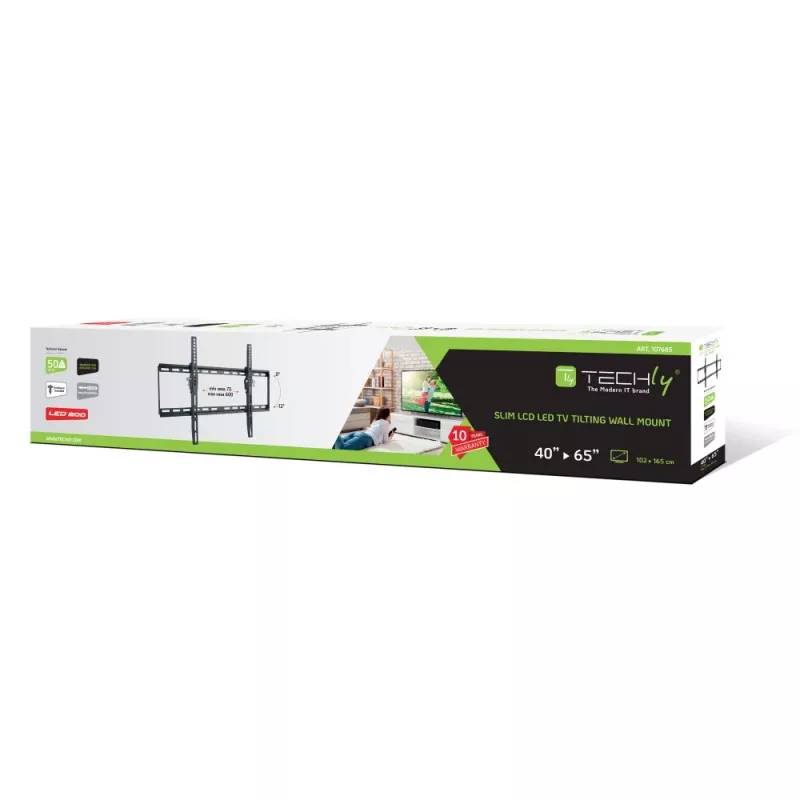 Techly fiksuotas sieninis laikiklis LED TV LCD 40-65 colių, 165,1 cm (65 col.), 200 x 200 mm, 600 x 400 mm, -12 - 0°, metalinis, juodas