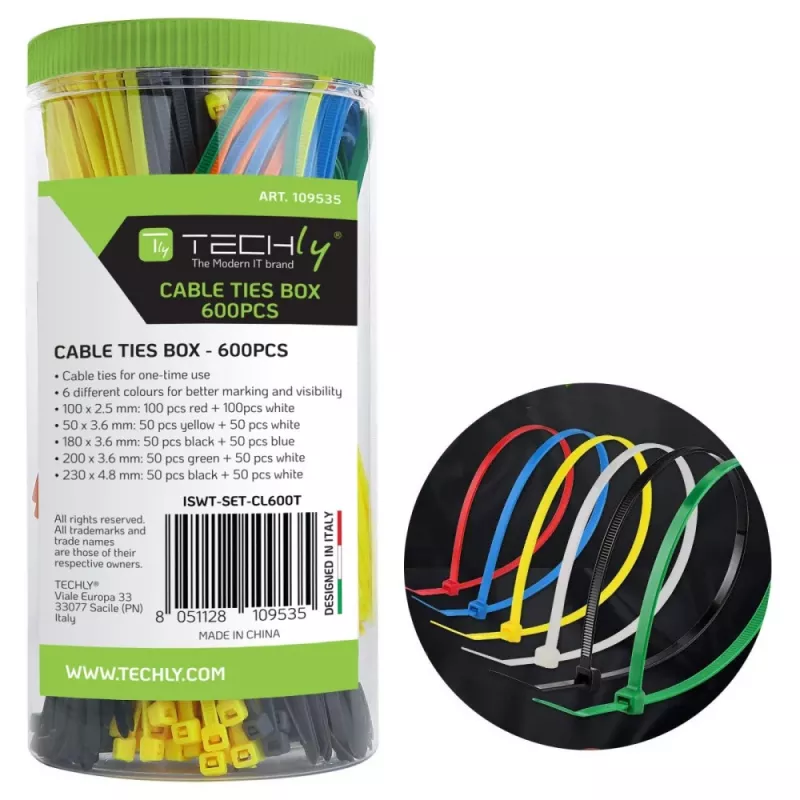 Techly ISWT-SET-CL600T kabelio raištis, lygiagretus įvedimas, nailonas, įvairiaspalvis, 600 vnt.