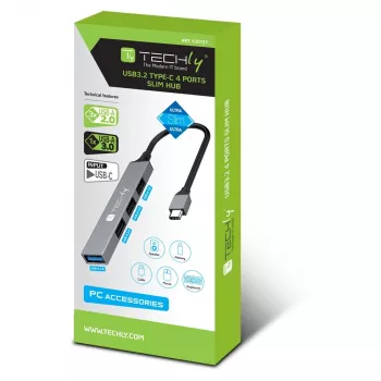 Techly IUSB32-HUB4C-3U2SLS USB 3.2 tipo C stotelė su 4 USB-A prievadais, pilka
