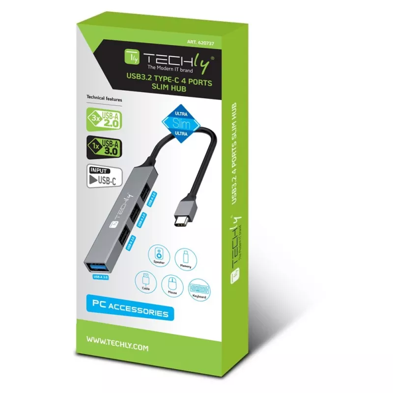 Techly IUSB32-HUB4C-3U2SLS USB 3.2 tipo C stotelė su 4 USB-A prievadais, pilka