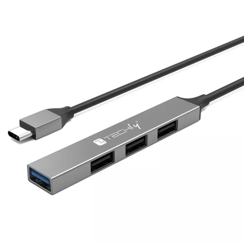 Techly IUSB32-HUB4C-3U2SLS USB 3.2 tipo C stotelė su 4 USB-A prievadais, pilka