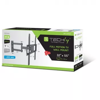 Techly 32-55 colių pilno judesio LED LCD TV laikiklis sienai, 400 x 400 mm, -15 - 10°, 10 - 90°, 180°, plieninis, juodas