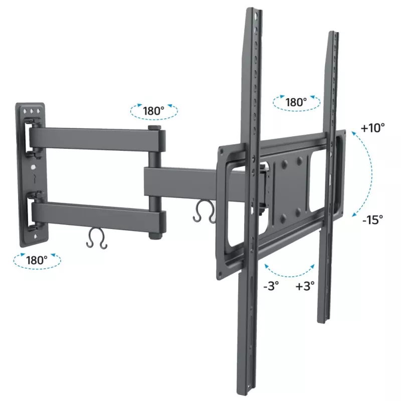 Techly 32-55 colių pilno judesio LED LCD TV laikiklis sienai, 400 x 400 mm, -15 - 10°, 10 - 90°, 180°, plieninis, juodas