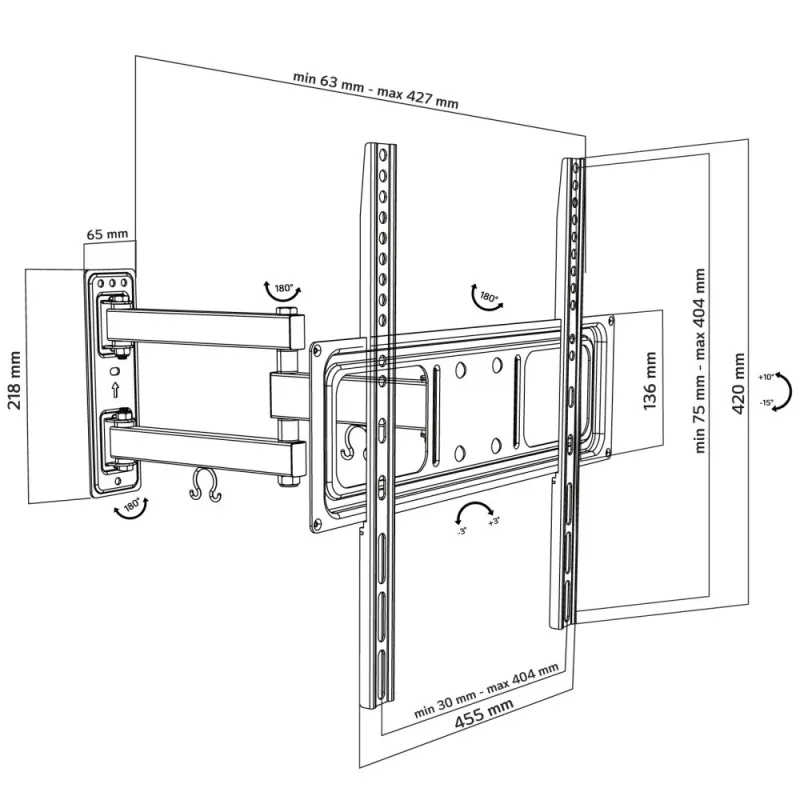 Techly 32-55 colių pilno judesio LED LCD TV laikiklis sienai, 400 x 400 mm, -15 - 10°, 10 - 90°, 180°, plieninis, juodas