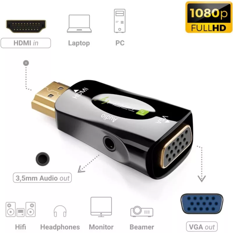 Techly IDATA HDMI-VGA2MABT2 vaizdo keitiklis Pasyvus vaizdo keitiklis 1920 x 1080 pikselių