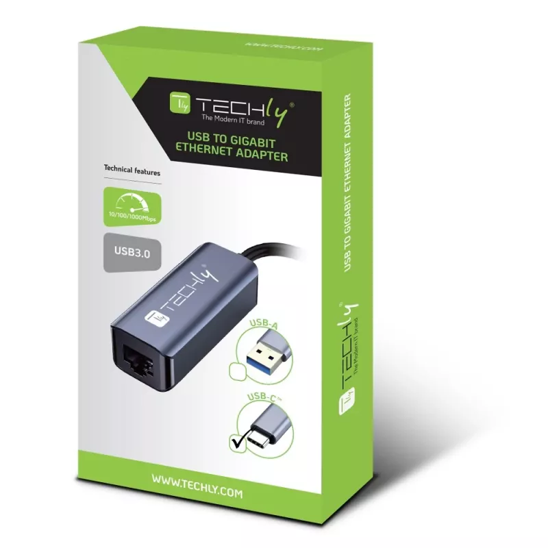 Techly IDATA USB-ETGIGA-CA USB-C į RJ45 adapteris, iki 1 Gbps, juodas/sidabrinis
