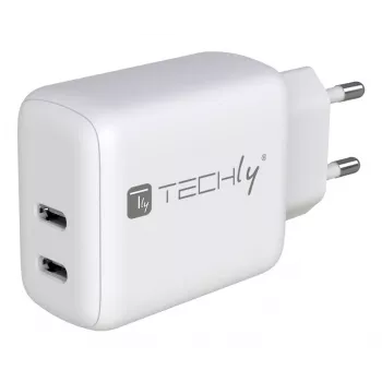 Techly IPW-USB-2C35W sieninis įkroviklis nešiojamam kompiuteriui, išmaniajam telefonui, planšetei, baltas, AC, greitasis įkrovimas, vidaus naudojimui