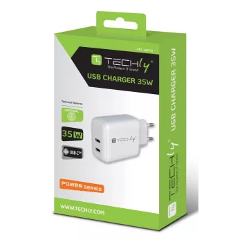 Techly IPW-USB-2C35W sieninis įkroviklis nešiojamam kompiuteriui, išmaniajam telefonui, planšetei, baltas, AC, greitasis įkrovimas, vidaus naudojimui