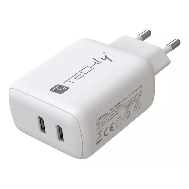 Techly IPW-USB-2C35W sieninis įkroviklis nešiojamam kompiuteriui, išmaniajam telefonui, planšetei, baltas, AC, greitasis įkrovimas, vidaus naudojimui