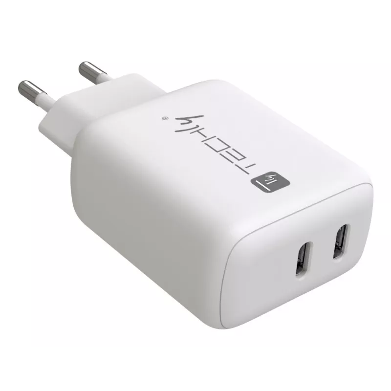 Techly IPW-USB-2C35W sieninis įkroviklis nešiojamam kompiuteriui, išmaniajam telefonui, planšetei, baltas, AC, greitasis įkrovimas, vidaus naudojimui