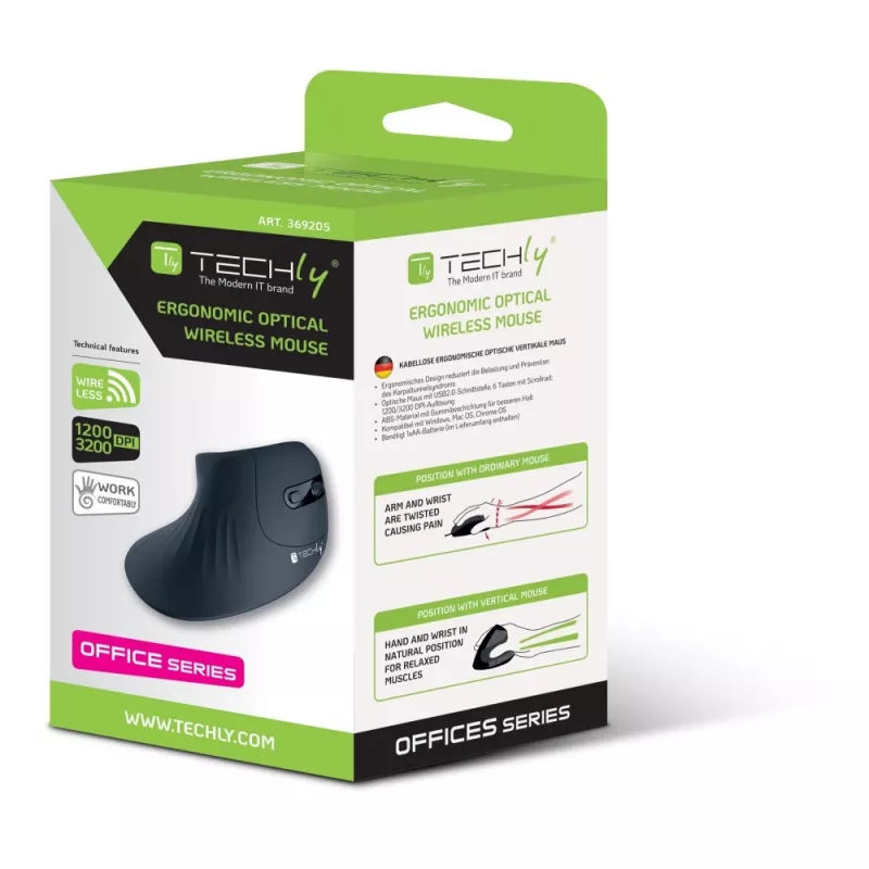 Techly IM 1100-VM-B vertikali pelė, RF belaidė, optinė, 3200 DPI, juoda