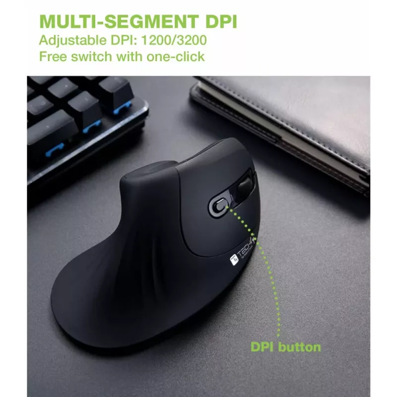 Techly IM 1100-VM-B vertikali pelė, RF belaidė, optinė, 3200 DPI, juoda