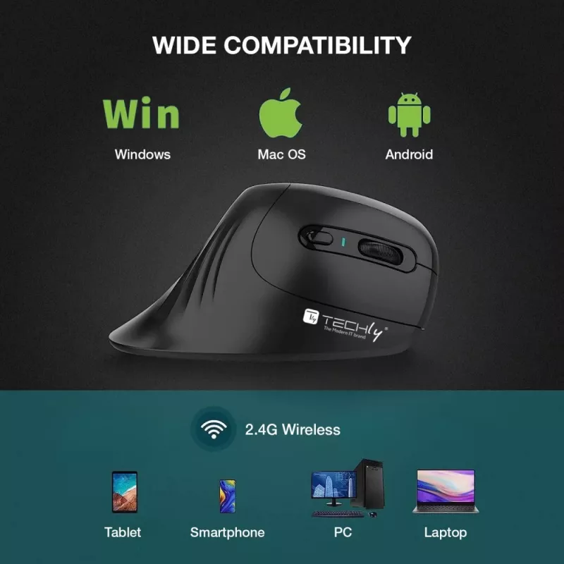 Techly IM 1100-VM-B vertikali pelė, RF belaidė, optinė, 3200 DPI, juoda