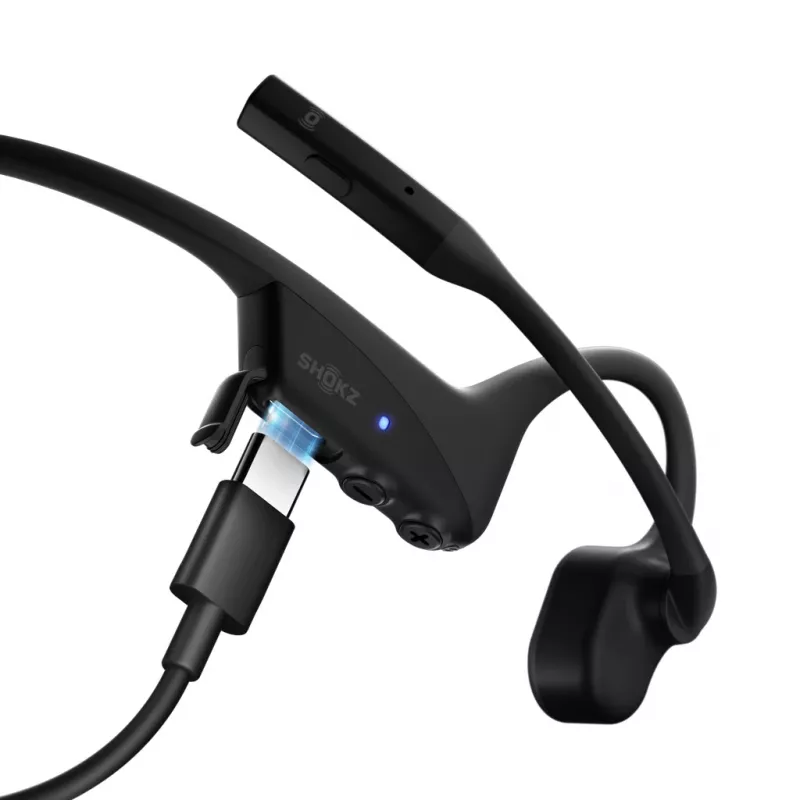 SHOKZ OpenComm2 UC 2025 belaidžiai kaulinio laidumo ausinės su triukšmo slopinimo mikrofonu, USB-C įkrovimu, 16h pokalbių laiko, juoda