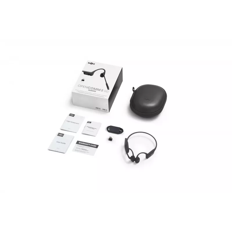 SHOKZ OpenComm2 UC 2025 belaidžiai kaulinio laidumo ausinės su triukšmo slopinimo mikrofonu, USB-C įkrovimu, 16h pokalbių laiko, juoda