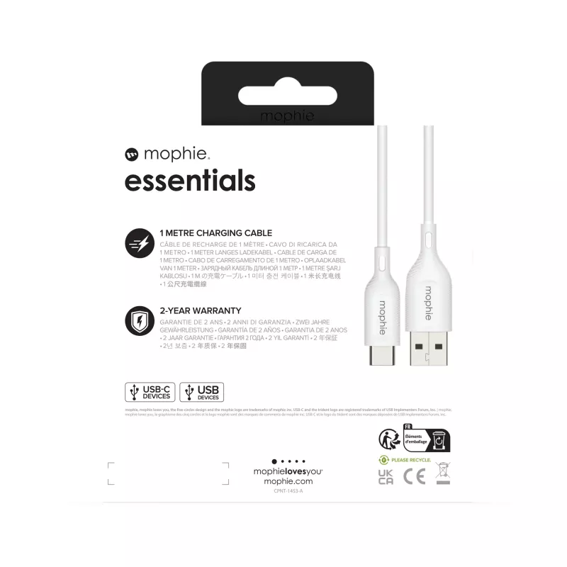 mophie essentials įkrovimo laidas | 1 m USB-A į USB-C, USB 2.0, baltas