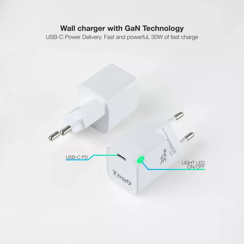 TooQ GAN USB-C/PD sieninis įkroviklis 30W, baltas