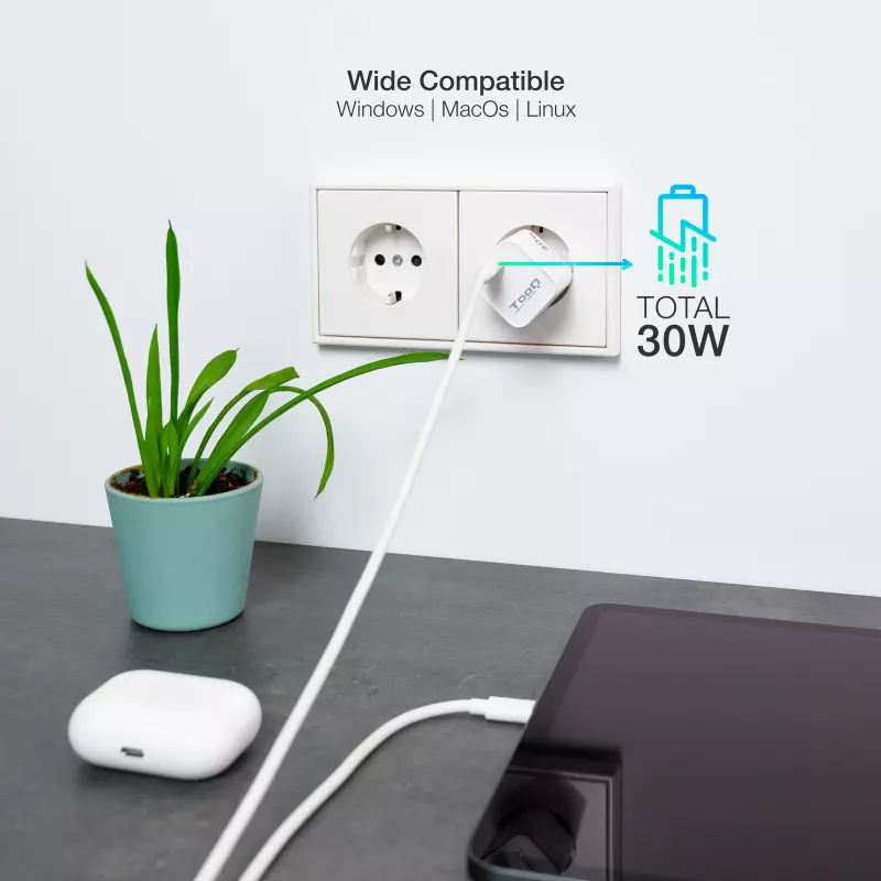 TooQ GAN USB-C/PD sieninis įkroviklis 30W, baltas