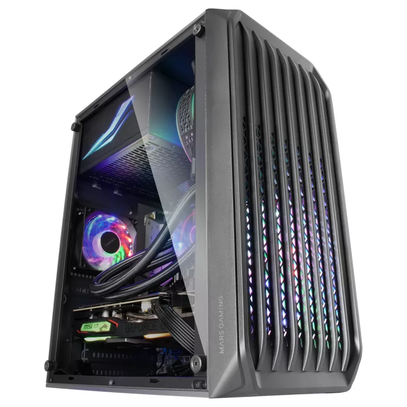 Mars Gaming MC-S2 Black kompiuterio korpusas (Micro-ATX, 2 FRGB ventiliatoriai, priekinės grotelės, šoninis langas)