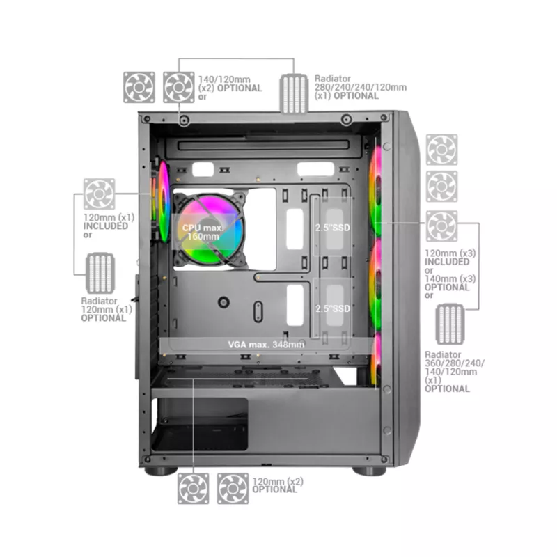 Mars Gaming MC-KX Black Premium E-ATX Gaming korpusas su FREEZER CPU sistema, 5 itin tylūs ARGB ventiliatoriai, ARGB valdiklis ir RF nuotolinis valdymas, aklinis priekis