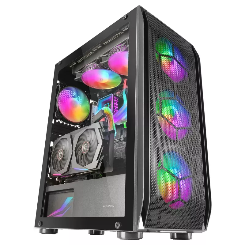 Mars Gaming MC-KX Black Premium E-ATX Gaming korpusas su FREEZER CPU sistema, 5 itin tylūs ARGB ventiliatoriai, ARGB valdiklis ir RF nuotolinis valdymas, aklinis priekis