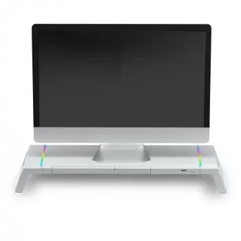 Mars Gaming MGS-ONE White Chroma RGB stovas monitoriui, reguliuojamo dydžio, su laikikliu telefonui ir planšetei, USB 2.0 priekyje
