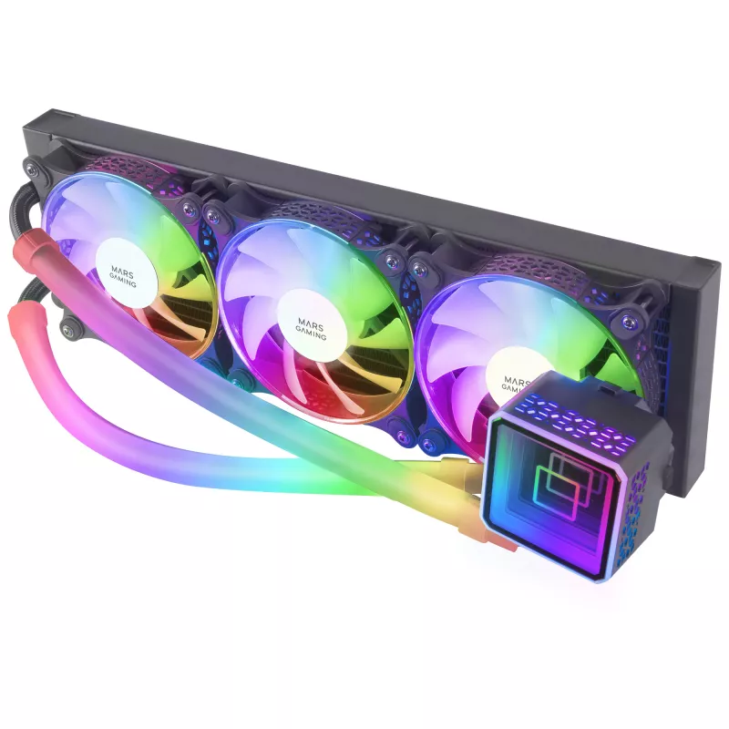 Mars Gaming ML-ULTRA360 Black – skystas CPU aušinimas, TDP 650W, begalinis veidrodis, 3 tylūs FDB ARGB ventiliatoriai, ARGB vamzdeliai, universalus multisocket