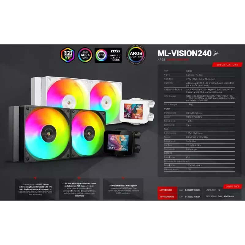 Mars Gaming MLVISION240 procesoriaus aušinimo sistema, skystinis aušintuvas AIO, 12 cm, juoda