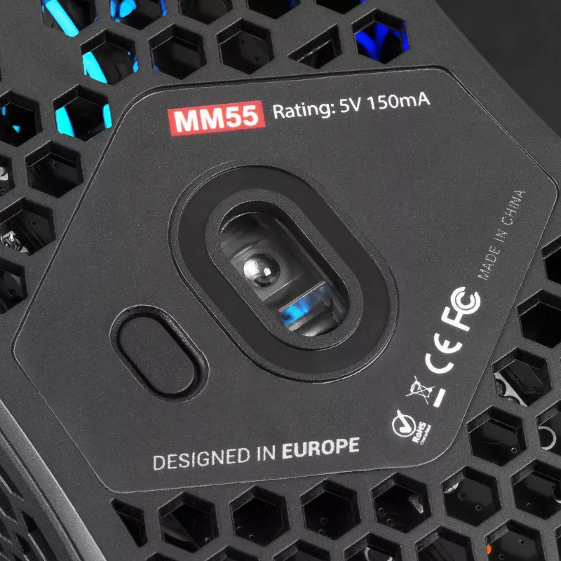 Mars Gaming MM55 Black RGB Chroma žaidimų pelė itin lengva 55g 12800 DPI HUANO mechaniniai jungikliai