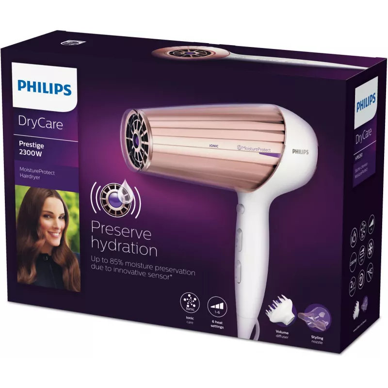 Plaukų džiovintuvas Philips MoistureProtect Sensor HP8280/00 — 2300 W, nuolatinės srovės variklis, 6 greičiai, jonų funkcija, šalto oro pūtimas, violetinė/balta