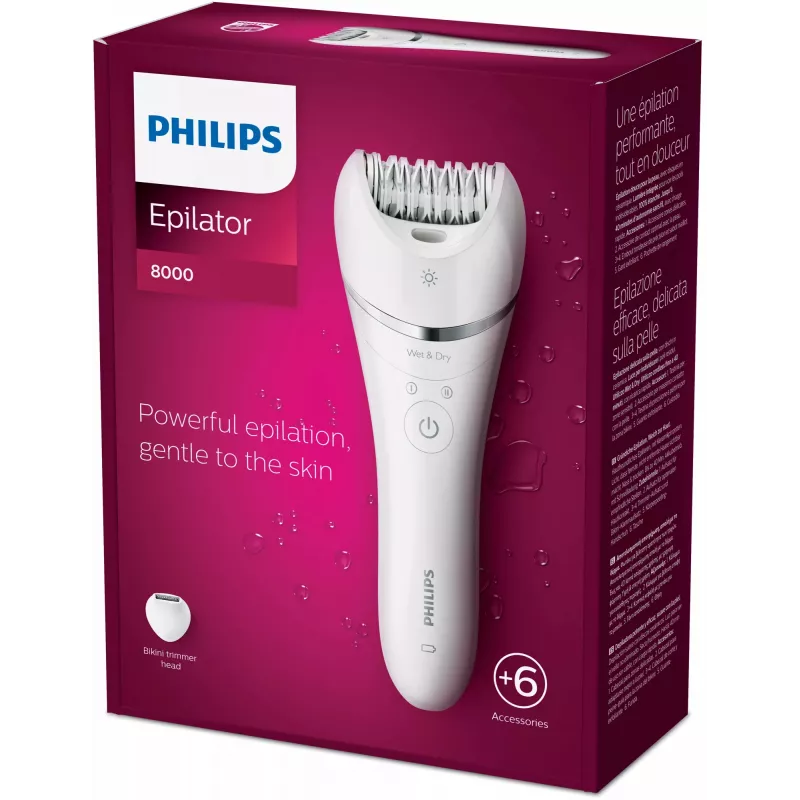Philips Epilatorius Series 8000 BRE715/00 šlapiam ir sausam naudojimui, sidabrinis, baltas, 32 pincetai, 70400 aps./min., akumuliatorius, 15 V, įmontuota baterija