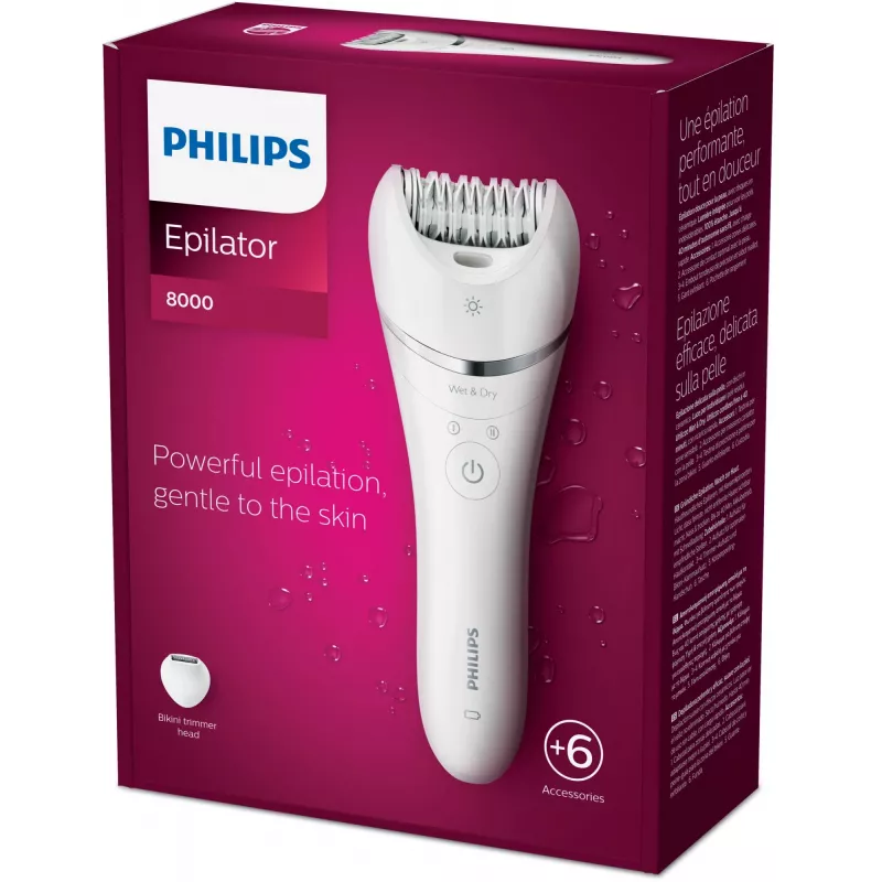 Philips Epilatorius Series 8000 BRE715/00 šlapiam ir sausam naudojimui, sidabrinis, baltas, 32 pincetai, 70400 aps./min., akumuliatorius, 15 V, įmontuota baterija