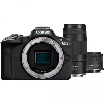 Canon EOS R50 veidrodinis fotoaparatas su objektyvais RF-S 18-45mm ir RF 75-300mm (24,2 MP, juodas)