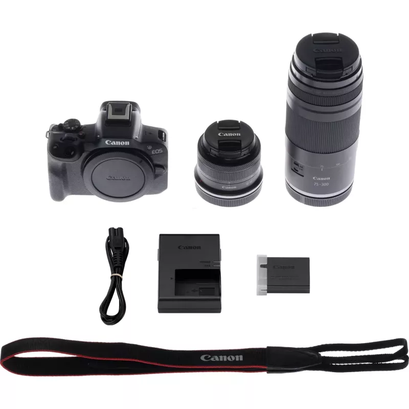 Canon EOS R50 veidrodinis fotoaparatas su objektyvais RF-S 18-45mm ir RF 75-300mm (24,2 MP, juodas)