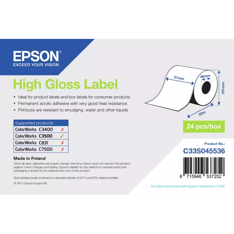 Epson High Gloss Label – ištisinė ritinėliai: 51mm x 33m
