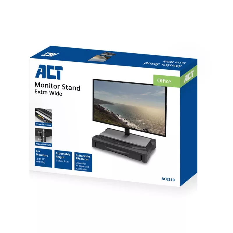 Monitorio stovas ACT AC8210 ypač platus su stalčiumi, reguliuojamas aukštis, iki 32 colių, 10 kg, juodas