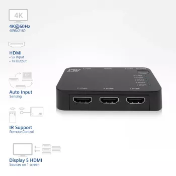 ACT 4K HDMI jungiklis 5 į 1, HDMI, juodas, 2160p, 18 Gbit/s, 4096 x 2160 pikseliai, 4K Ultra HD