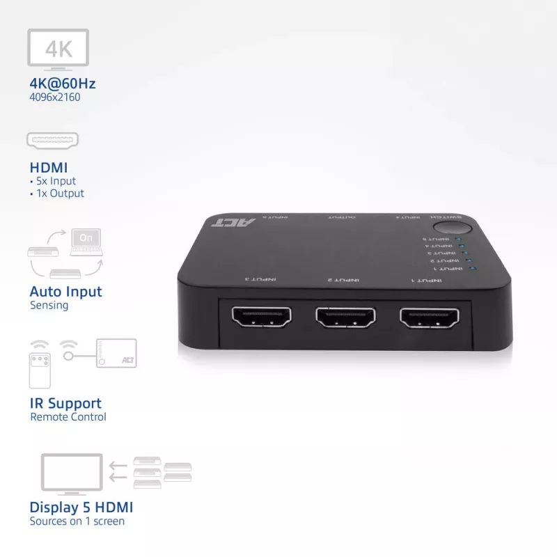 ACT 4K HDMI jungiklis 5 į 1, HDMI, juodas, 2160p, 18 Gbit/s, 4096 x 2160 pikseliai, 4K Ultra HD