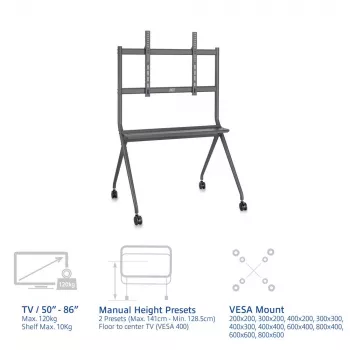 ACT Mobilus TV/monitoriaus stovas ant ratukų, 50–86 colių, VESA, aliuminis, plastikas, plienas, pilka