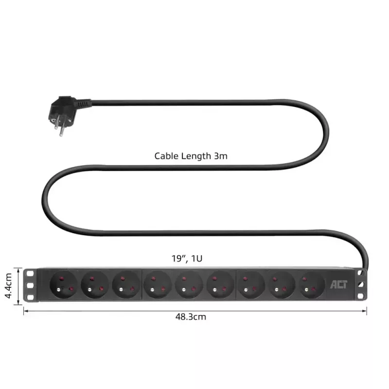 ACT Pravėdinimo lizdų blokas PDU 19 colių CEE7/7 su 9 E tipo lizdais, 3 m H05VV-F 3G1.5